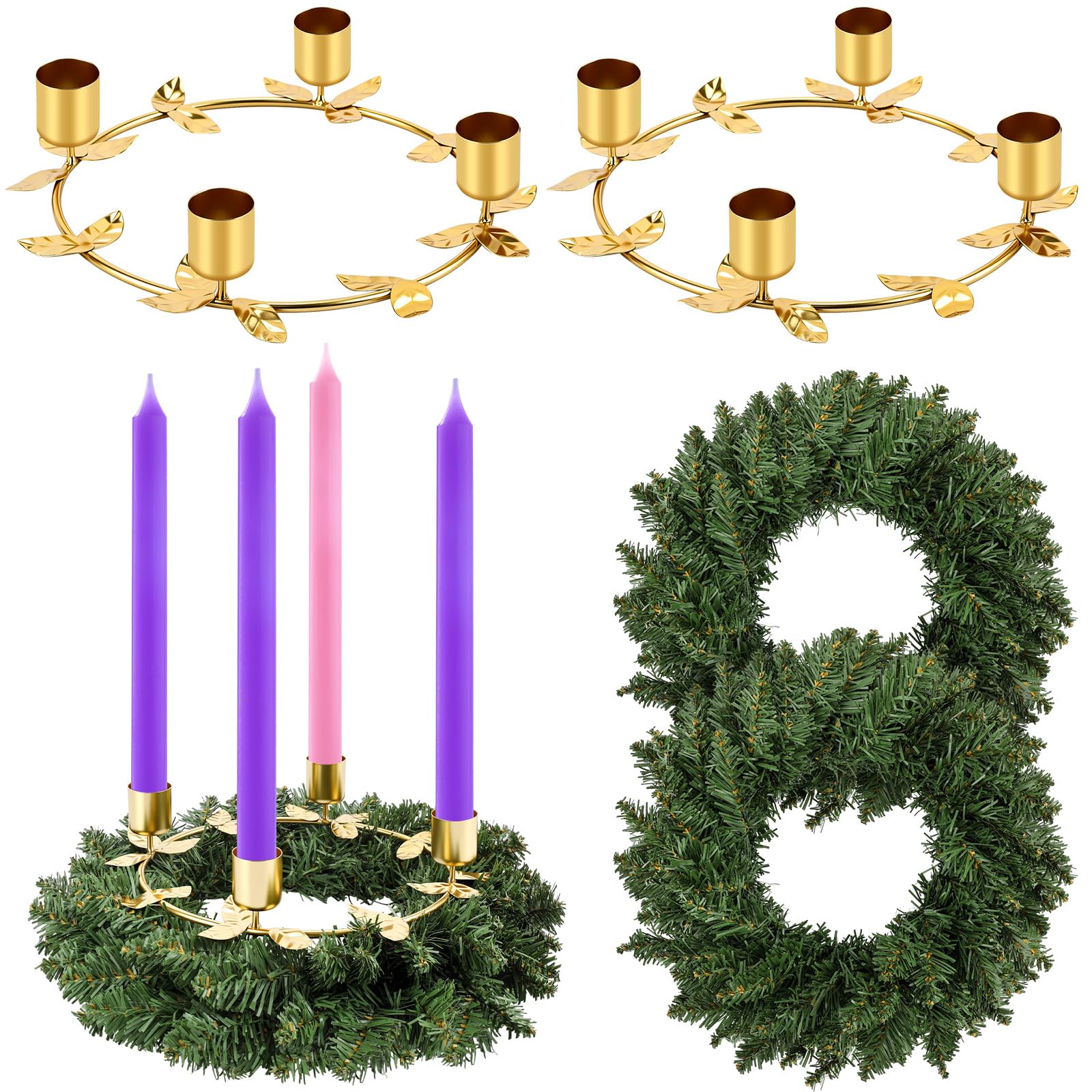 Photo 1 of *** MISSING ONE SET *** Acellegic 2 Pcs Christmas Advent Wreath Candle Holder Norfolk Pine Needle Wreath with 2 Gold Ring Candle Holder for Table Centerpiece Decoration Church Home Winter Holidays