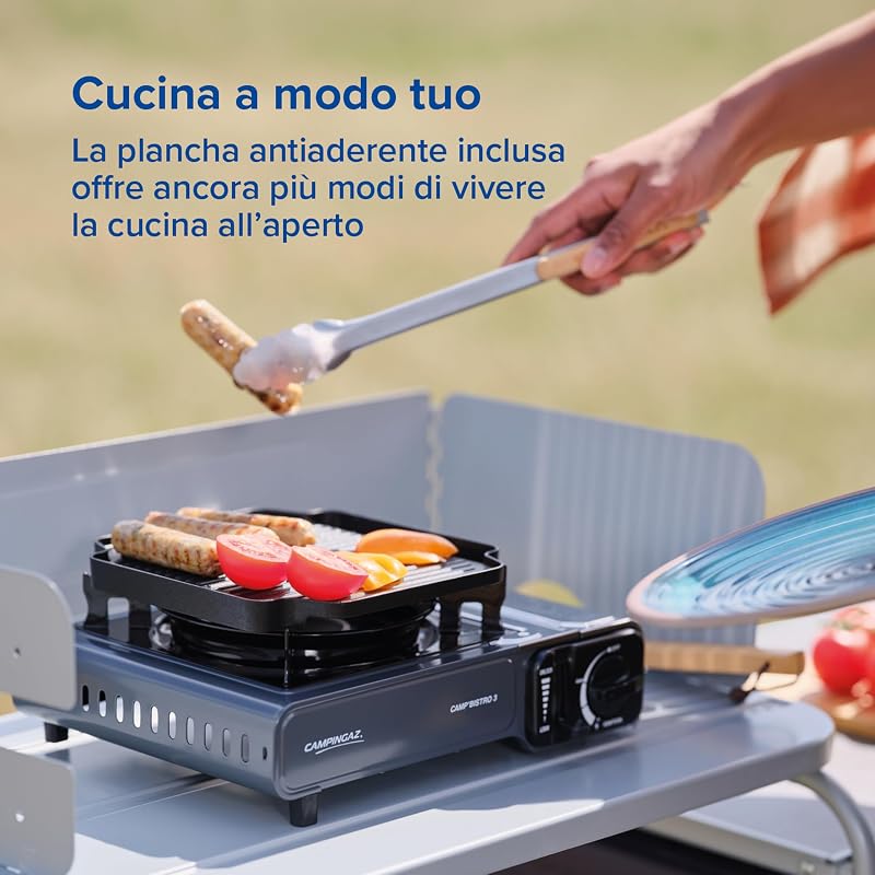 Camp Bistro 3 Fornelli Piastra Combo | Fornello da campeggio a 1 bruciatore | 2200 Watt | Cucina da esterno compatta e portatile | Include custodia per un facile trasporto | Nero