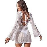 Floerns Women's Crochet Cover Up Long Sleeve Hollow Out Bikini Swimsuit Beach Cover Up Swimwear