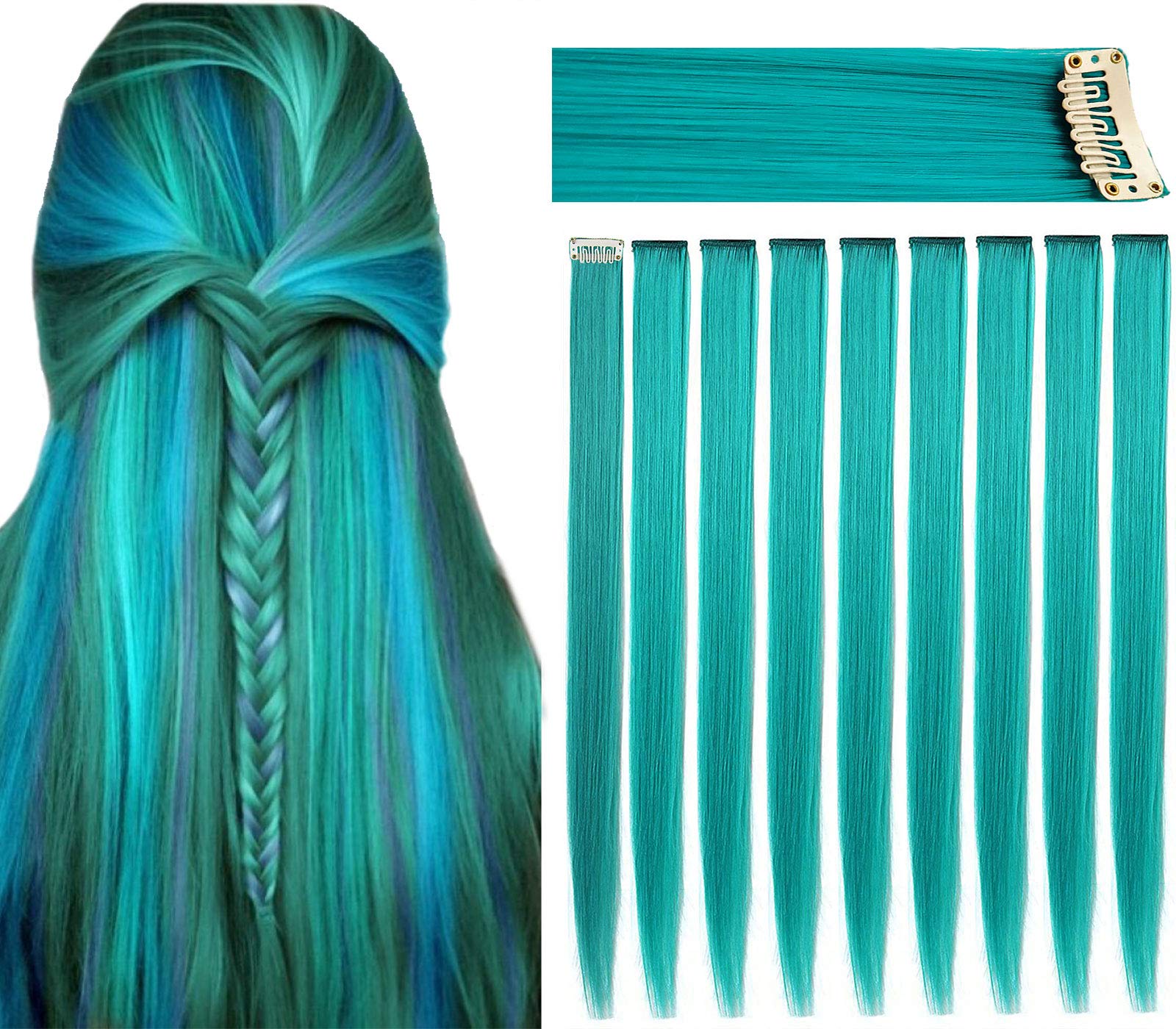 LVSHANGMAO 9 Pcs Colored Hair Extensions 21 Inch Heat-Resistant Straight Party Highlight Hairpieces Halloween Cosplay Party Christmas New Year Hair Accessories Gift(Teal)