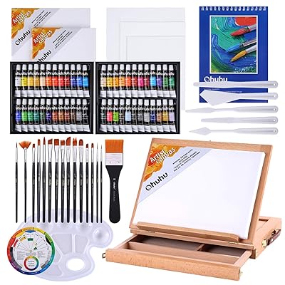 Acrylic Painting Set, Ohuhu 78pcs Artist Set with 48 Non Toxic Acrylic Paint Tubes, Wood Table-Top Easel Box, Art Painting Brushes and Acrylic Painting Pads for Artists Students Kids