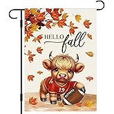 DLZDN Hello Fall Garden Flag Highland Cow Football Flag 12×18 Inch Double Side Vertical Burlap Farmhouse Yard Sign Autumn Seasonal Outdoor House Decoration