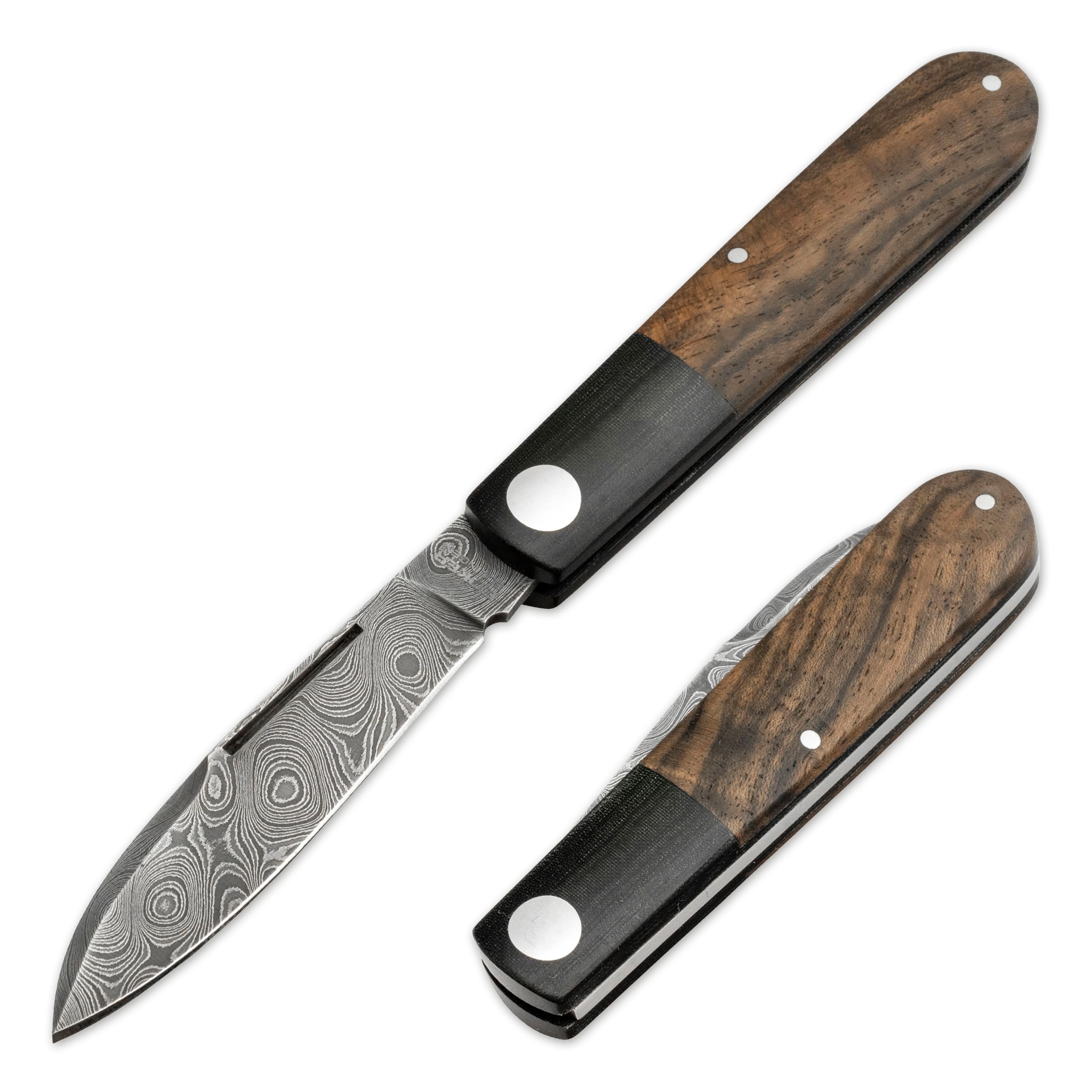 Böker Solingen® Barlow Prime Tirpitz-Damast - klassisches Slipjoint EDC Taschenmesser - Solinger Gentleman Klappmesser mit Holzgriff - Damaszener 2 Hand Messer Klassiker aus historischem Stahl
