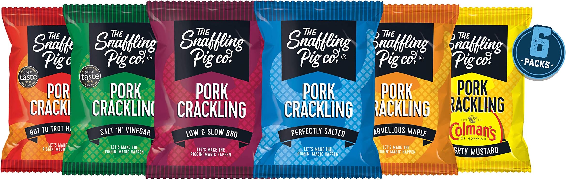 Snaffling Pig Mixed Flavour Multipack Pork Crackling (6 x 45g Packets Including - Hot to Trot Habanero Chilli, Low & Slow BBQ, Marvellous Maple, Mighty Colman's Mustard & Perfectly Salted)