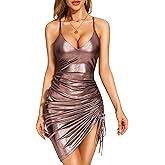 VIDUSSA Glitter Sparkly Dresses for Women - Spaghetti Strap V Neck Metallic Dress Ruched Bodycon Midi Cocktail Party Dress