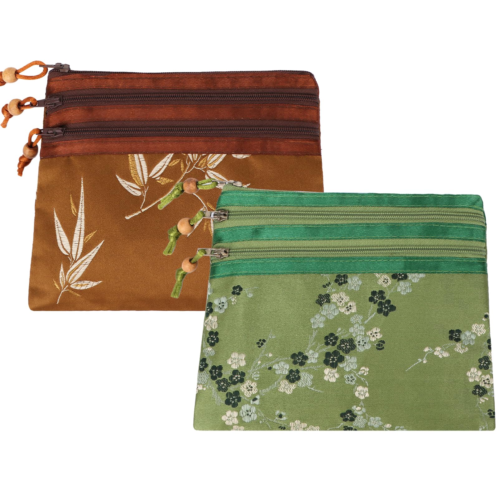 kilofly Chinese Silk Brocade 3 Zipper Pockets Jewelry Pouch Bag, 7 inch,Set2 D