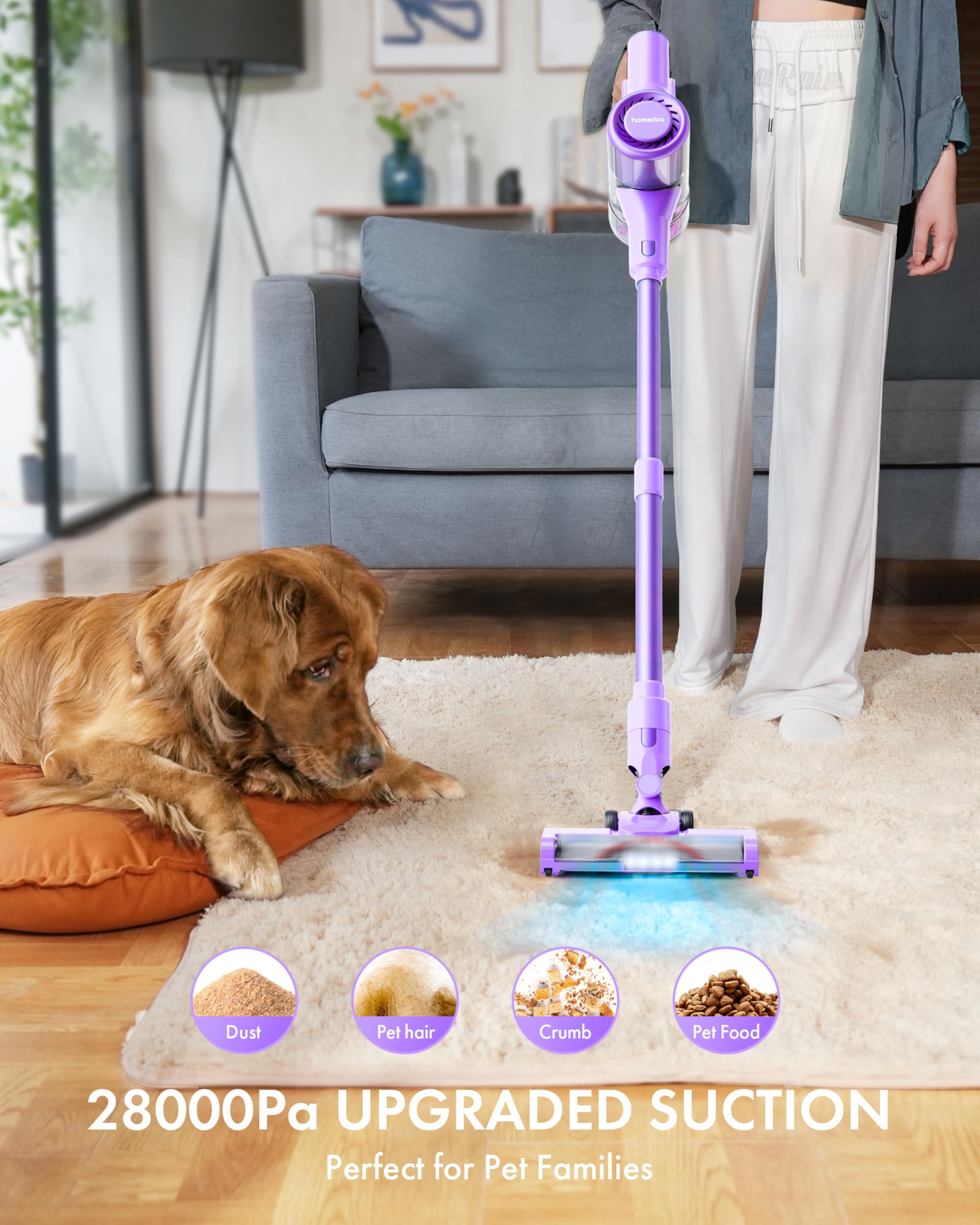 Homeika Cordless Vacuum Cleaner, 28Kpa Powerful Suction, 380W Strong Brushless Motor with 8 in 1 Lightweight Stick Vacuum Cleaner with 50 Min Runtime Detachable Battery for Pet Hair & Carpet, Purple
