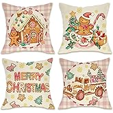 Fahrendom Merry Christmas Pink Decorative Throw Pillow Covers 20 x 20 Set of 4, Xmas Gingerbread House Truck Tree Porch Outdoor Pillowcase, Winter Holiday Candy Plaid Couch Cushion Case Home Decor