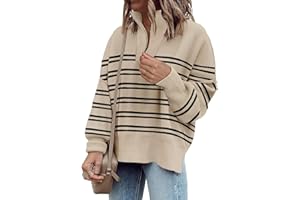 SAUKOLE Womens Sweaters Casual Zipper Neck Knit Tops Batwing Sleeve Oversized Sweatshirt Stripes Pullover Sweater Side Split