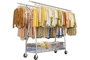 Raybee Heavy Duty Clothes Rack 630LBS, Double Rods Clothing Rack with Storage Basket, Portable Garment Rack for Heavy Clothes, Extendable & Adjustable, Bedroom, Closet, Commercial