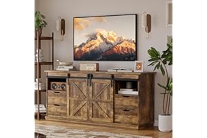 YESHOMY Farmhouse TV Stand for Televisions up to 65 Inch, Wood Entertainment Center with Sliding Barn Doors and 4 Storage Drawers, 58’’ Media Console Cabinet with Shelves for Living Room, Barnwood