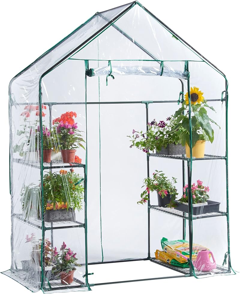 VonHaus Walk In Greenhouse Compact 6 Shelves PVC Cover Roll Up Door