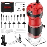 TEENO Router Tool, 1.25 HP 6.5 Amp Compact Wood Router Tool for Woodworking | 6-Speed Palm Wood Router, Electric Hand Trimmer, Laminate Trimmer: 15-Pc Bits, 1/4" &amp; 6mm, Guides, Dust Hood, Case