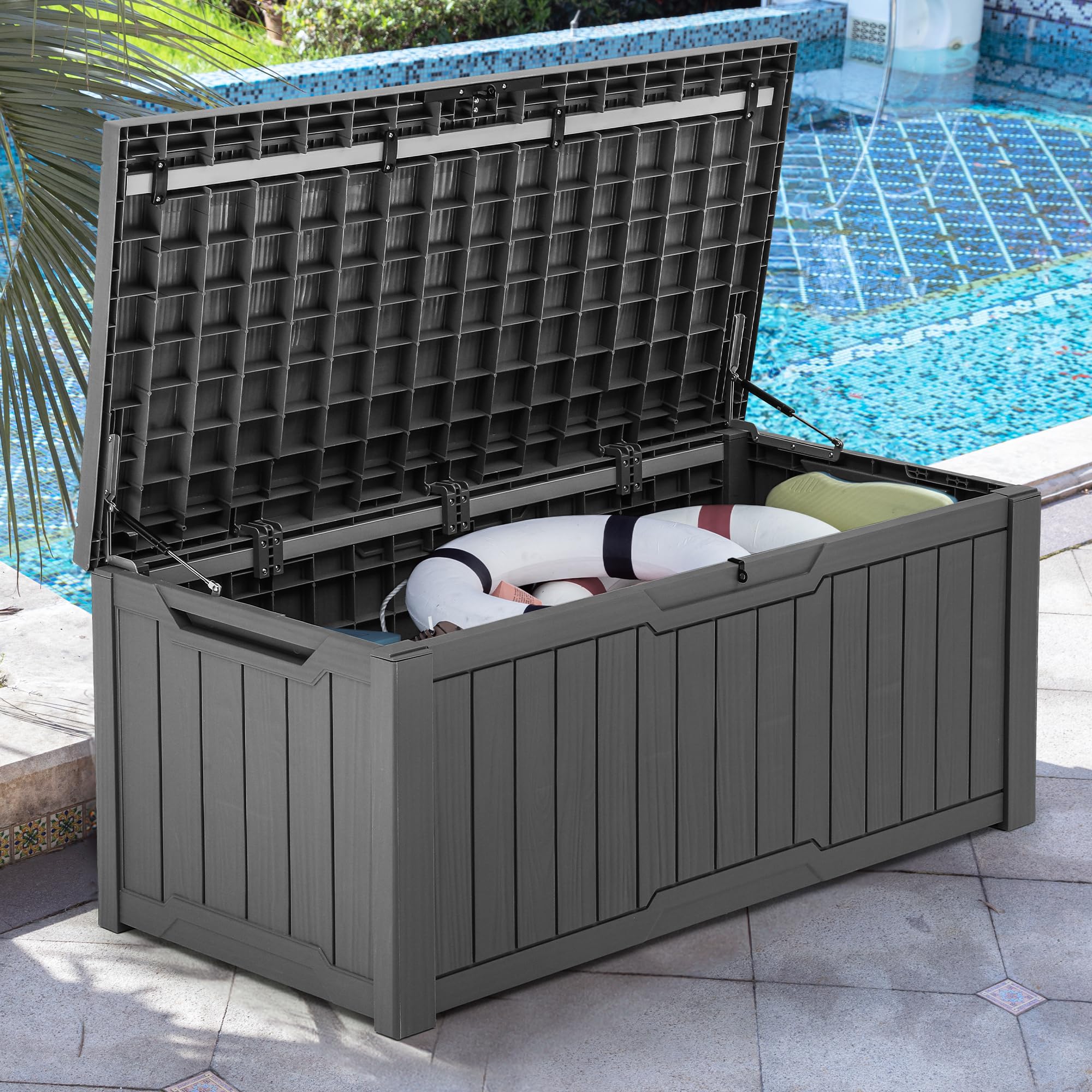 Photo 1 of YITAHOME 120 Gallon Large Deck Box, Resin Outdoor Storage Box for Outdoor Pillows, Garden Tools and Pool Supplies, Waterproof, Lockable, Dark Gray