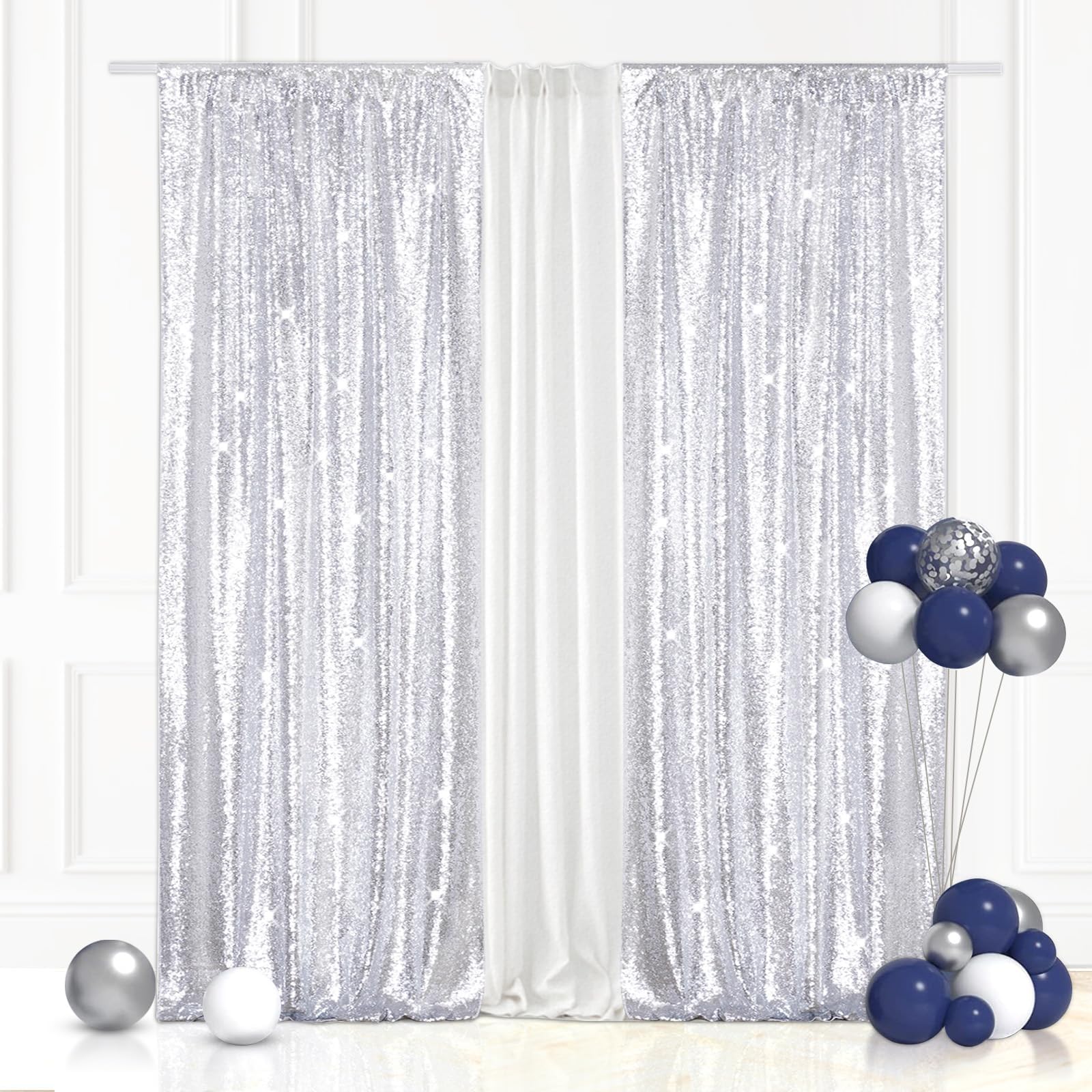 2Pieces Sequin Backdrop 2ftx8ft(60x243cm) Shiny Seamless Photo Booth Curtain for Party Wedding Decoration Photo Background, Silver — image 1
