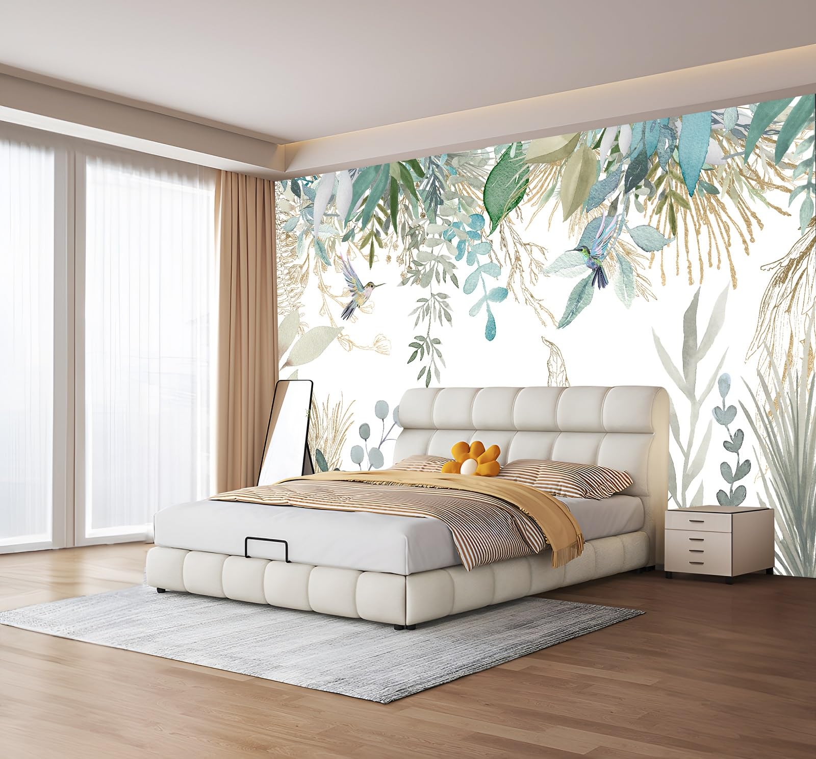 MWSSEGGE Non-woven Wallpaper Plants Leaves Bird for Living Room, Bedroom, Children's Room Wall Decoration (200 x 140 cm)