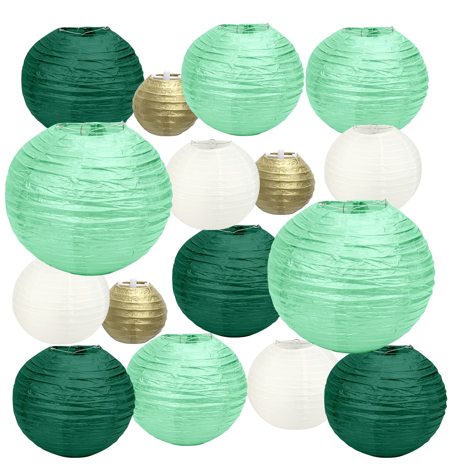 HONMOK 16 PCS Green Gold White Paper Lanterns 4" 6" 8" 10" Wedding Party Decorations Round Hanging Tissue Paper Lanterns Lampshade for Indoor Outdoor Wedding Bridal Shower Garden Decorations