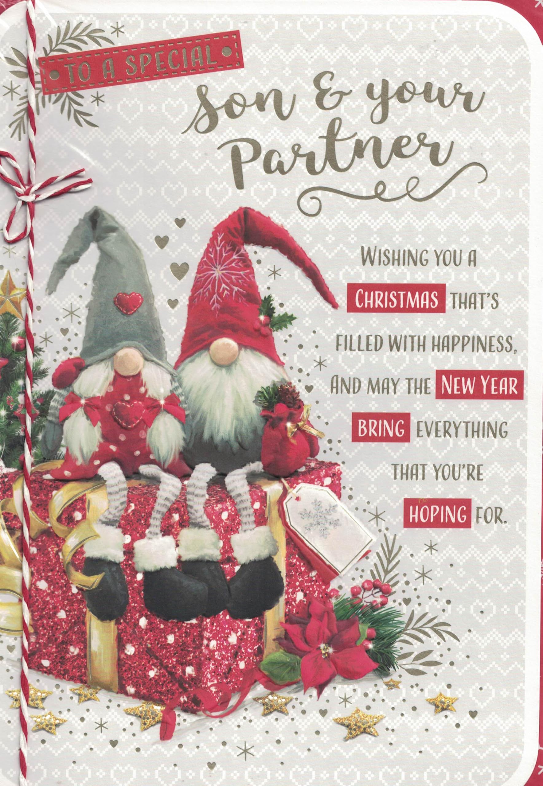 Large Son and Partner Christmas Card, Cute Xmas Gnomes Design, 17.8-25.4 cm