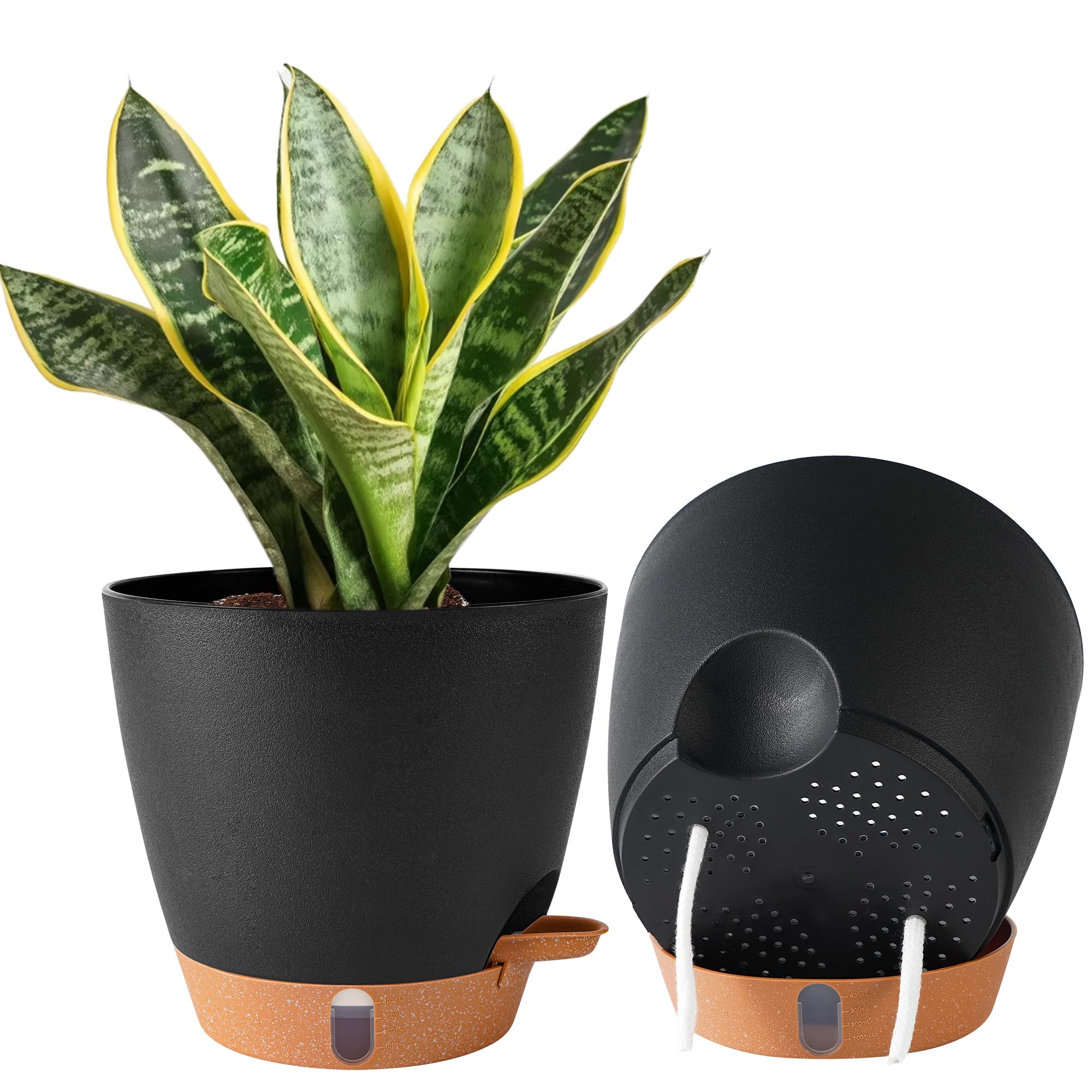 Photo 1 of 2 Pack 8 Inch Pots for Plants Indoor, Plastic Self Watering Planters with Drainage Holes, Water Level Indicator & Deep Reservoir, Decorative Flower Pots Indoor Outdoor Use (Black