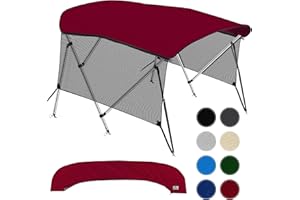 KNOX Universal 3 Bow Bimini Tops for Boats with Detachable Mesh Sidewalls, 900D Marine Canvas, Sun Shade Boat Canopy Kit, Bimini Top Hardware, Frame, Support Poles, Storage Boot, 54-60" W, Burgundy