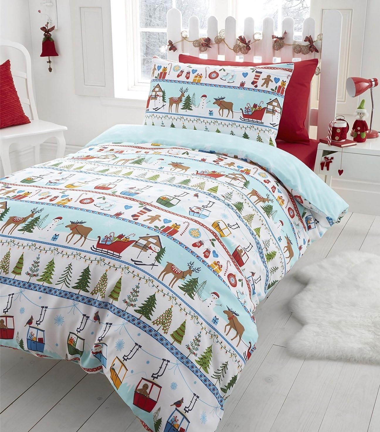 Christmas Tree Xmas Snowflake Reversible Quilt Duvet Cover and 2 Pillowcase Bedding Bed Set, Multi-Colour, Double