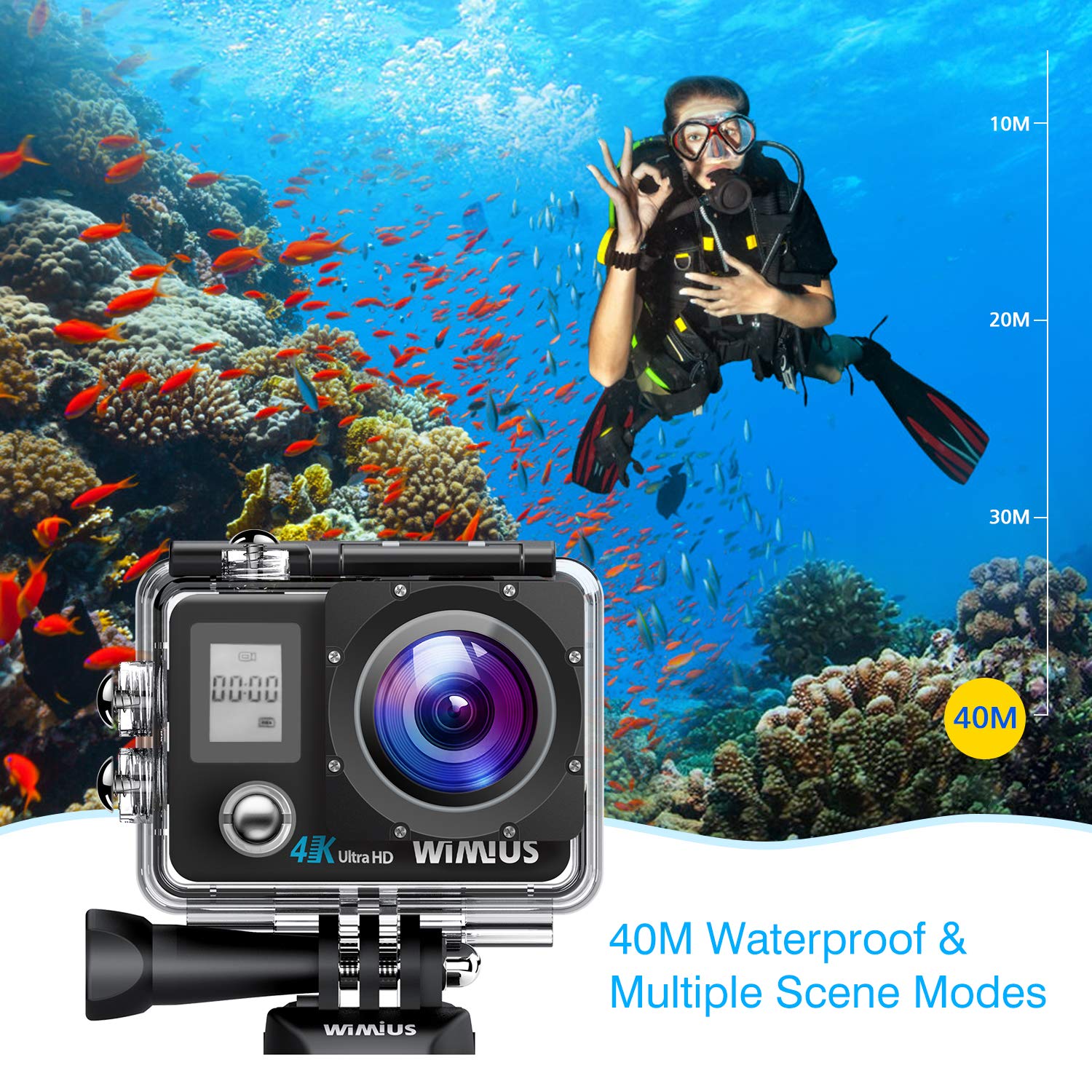 WiMiUS Action Cam 4K 16MP WiFi Subacquea 40M Telecamera d\'azione Fotocamera Impermeabile con 2 batterie Ricaricabili e Kit di Accessori di Montaggio Q4 Nero