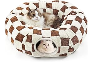 DFENGDF Cat Tunnel Bed with Washable Cushion for Indoor Cat, Donut Cave Tube Toys for Kitten Puppy Rabbit, Brown