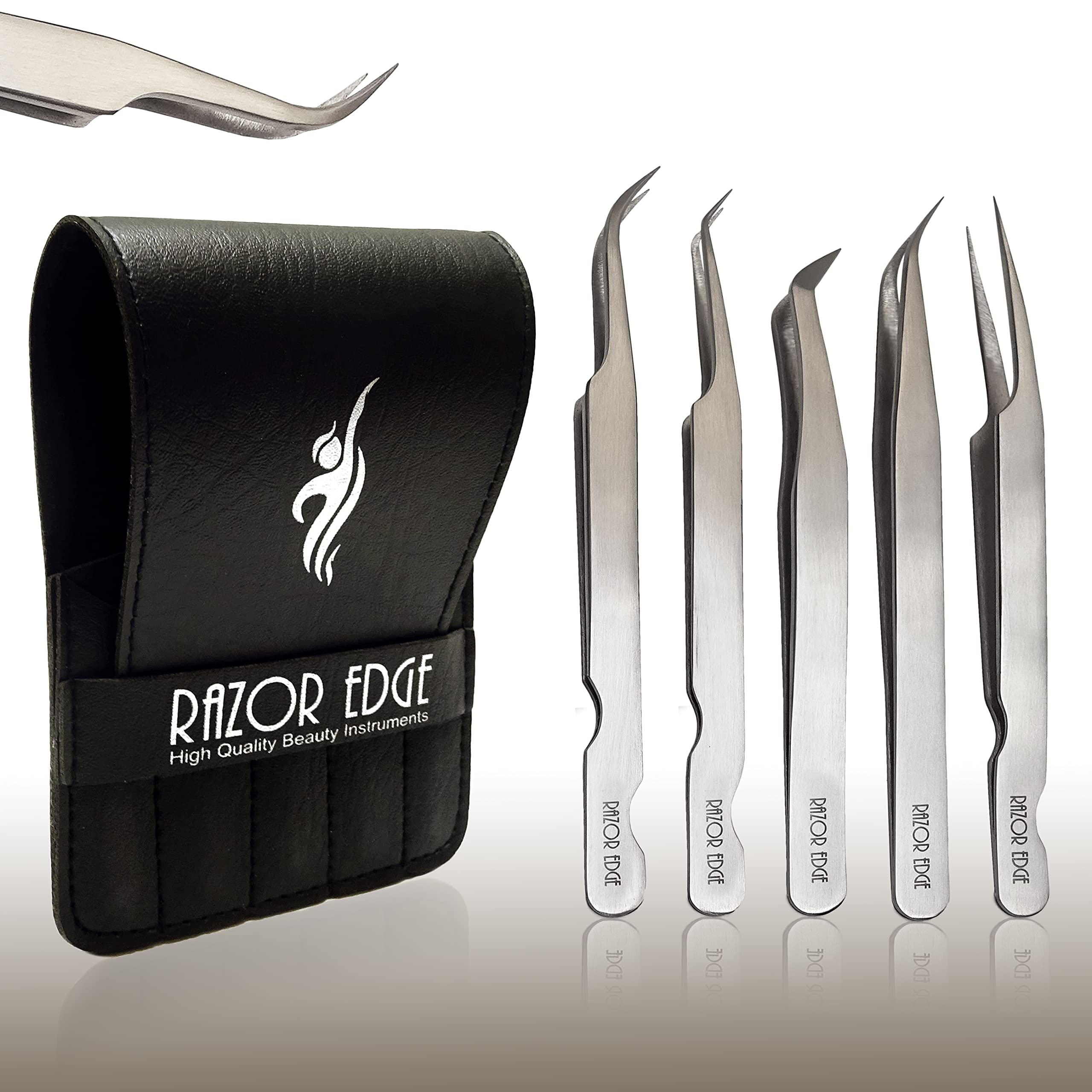 Razor Edge Eyelash Tweezers 5 Pack Set with 5 Tips Silver with Black Case