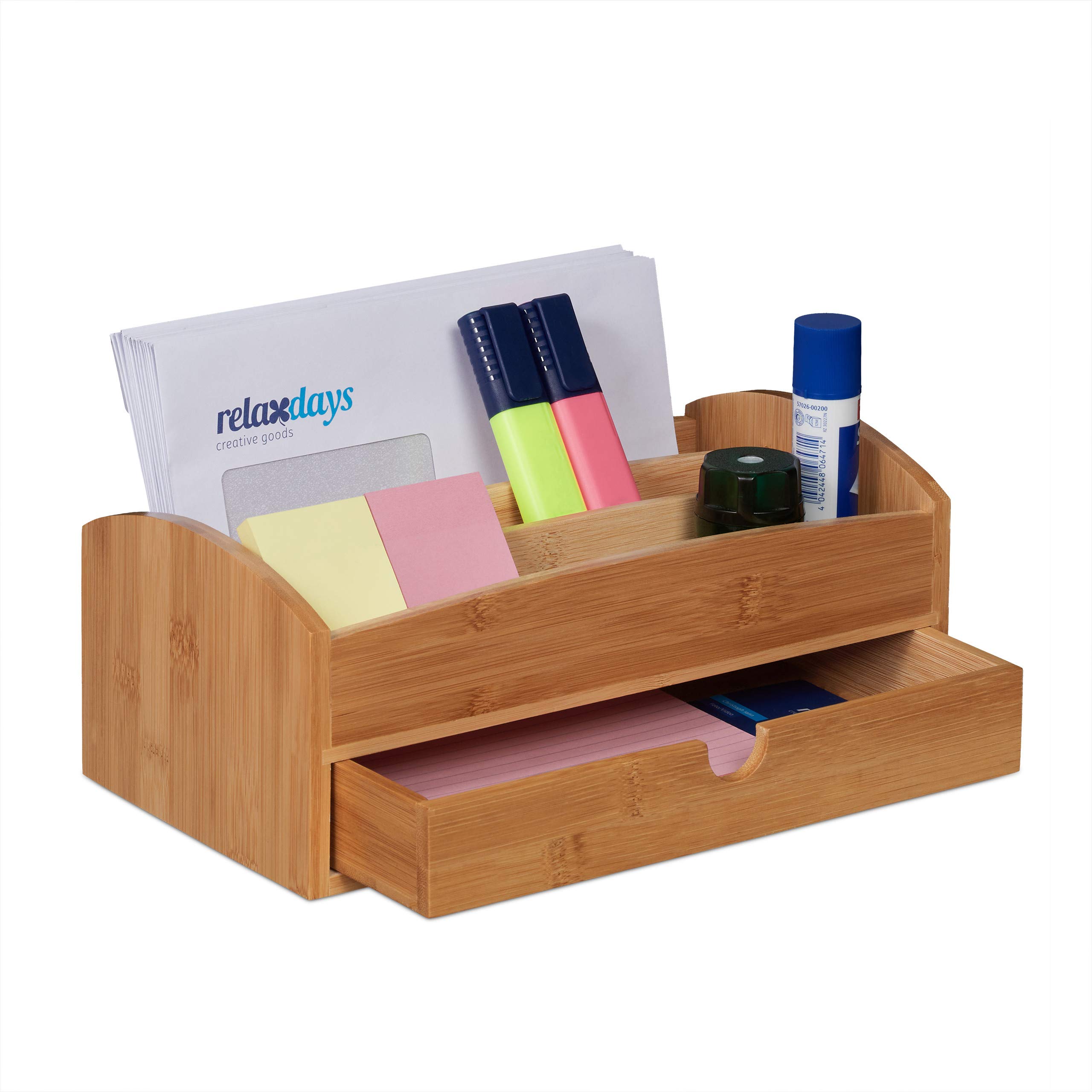 Relaxdays Desk Organiser, 3 Compartments and Drawer, H x W x D: 11 x 27.5 x 15 cm, Bamboo, Natural