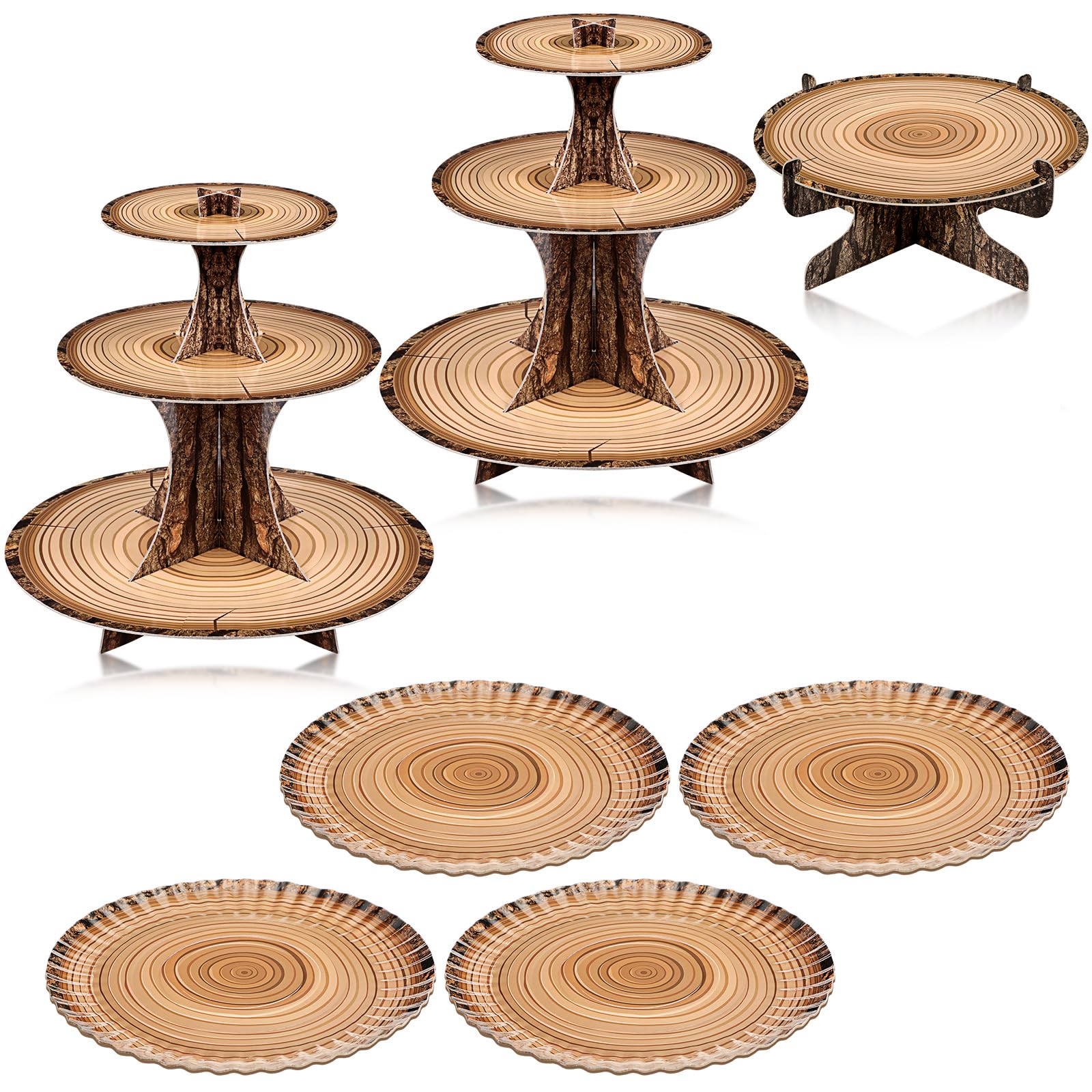 Photo 1 of Sawysine 7 Pieces Woodland Cupcake Stand Set Includes 2 Wooden Cupcake Stand 1 Rustic Cake 4 Rectangle Serving Tray for Woodland Western Camping Hunting Baby Shower Birthday (Circle)