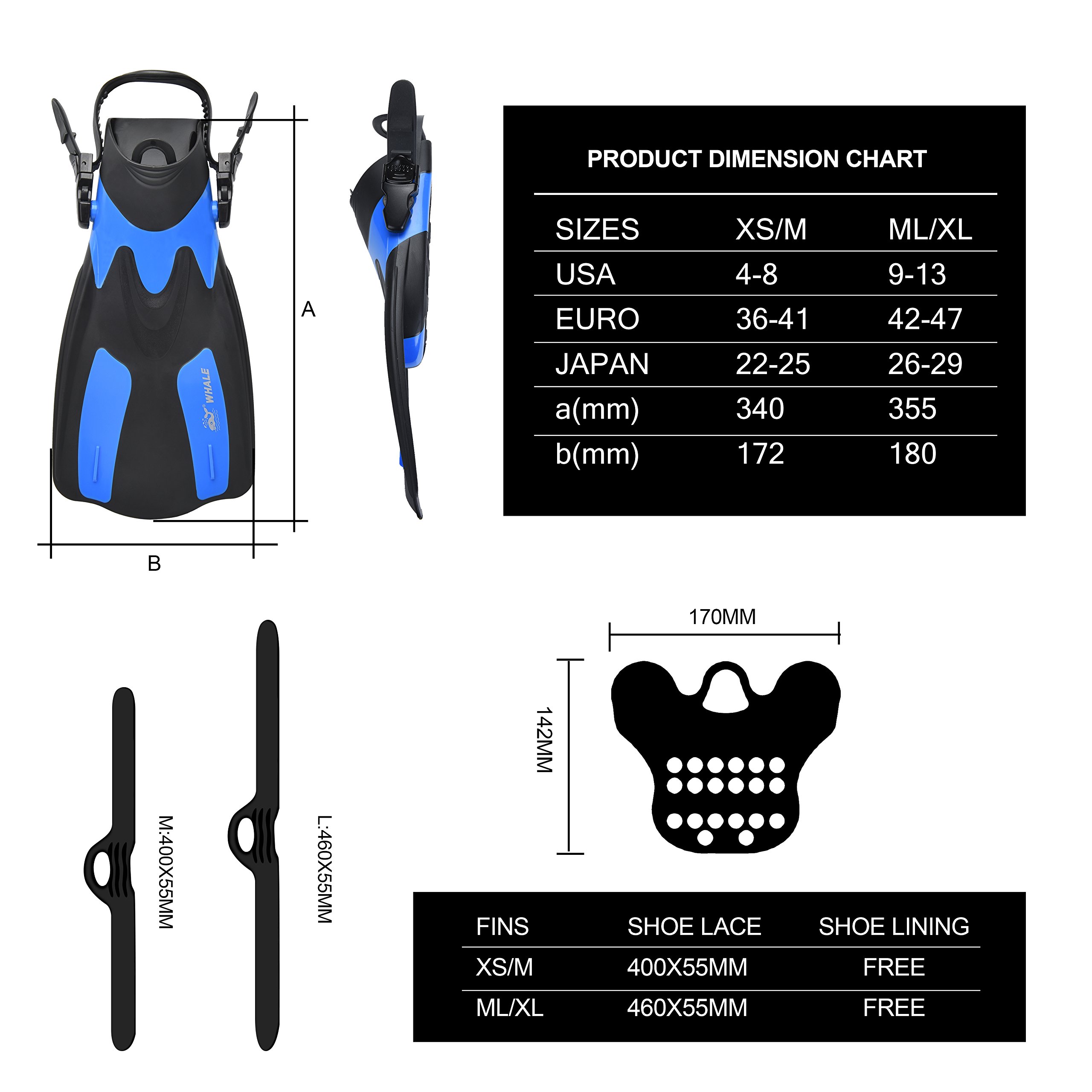 Whale Dive Mask Fin Size Adjustable Snorkel Set New Brand with Snorkeling Gear Bag for Both Men & Women Diving Gear