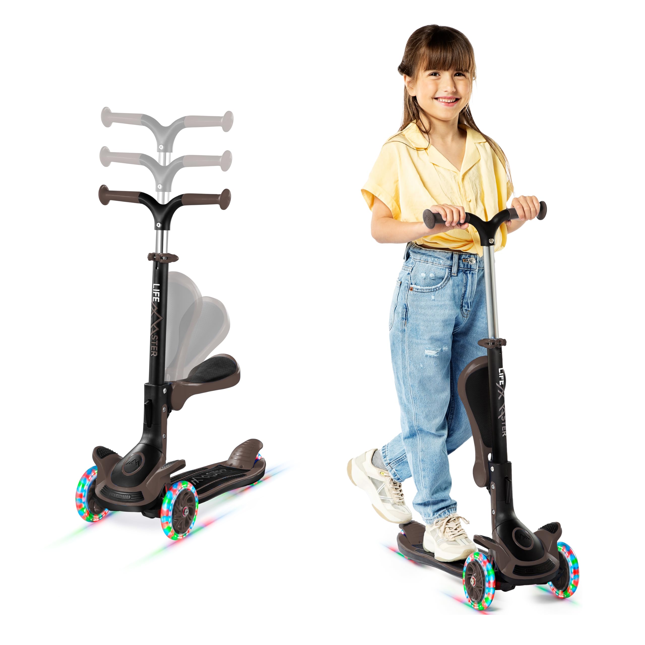 3 Wheel Scooter for Kids with Foldable Seat, Adjustable Handlebar Height, Lean-to-Steer Ride On Toy for Kids Ages 2+, Light-Up LED Wheels, Wide Anti Slip Deck, Indoor & Outdoor Use, Brown Image