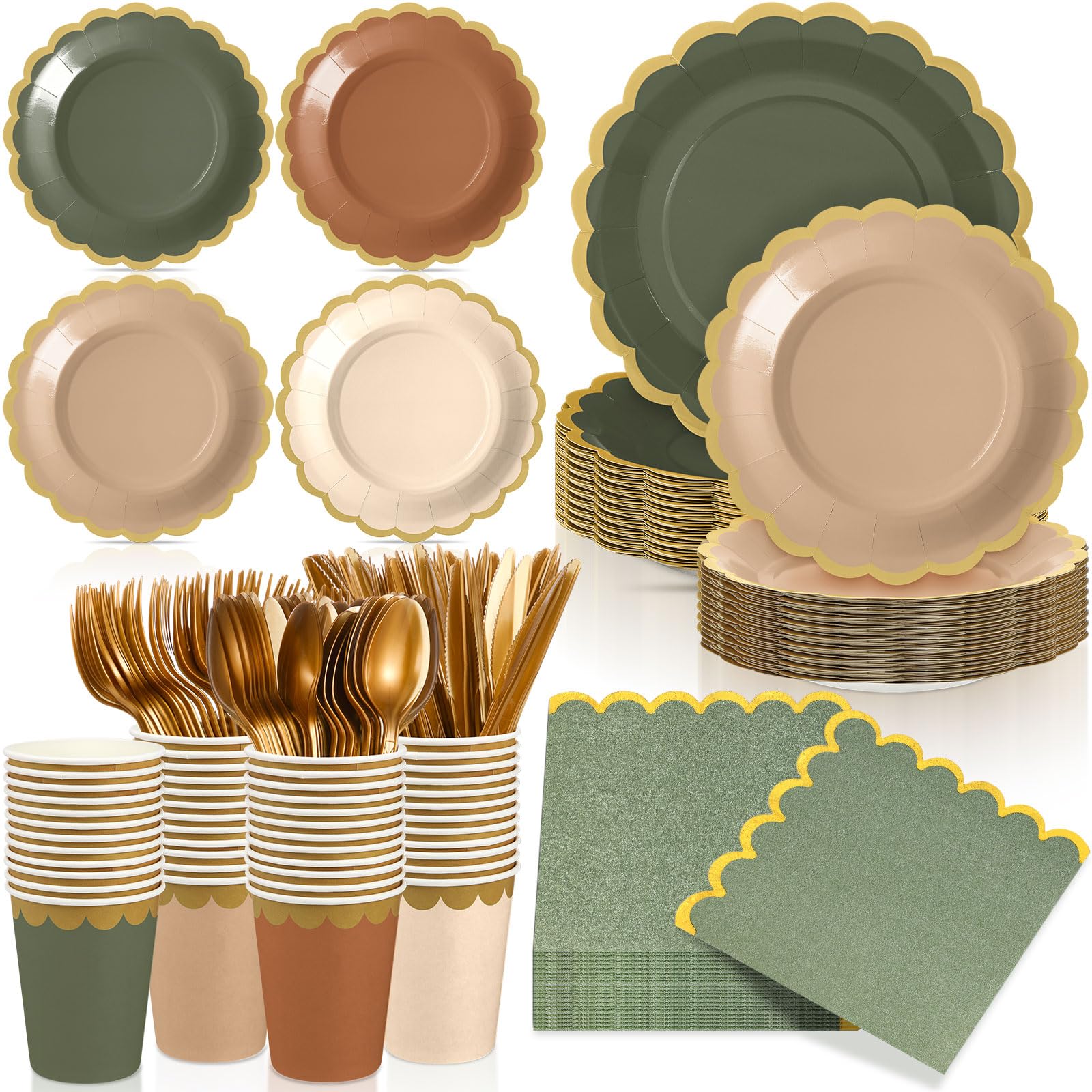 Photo 1 of Mimorou 169 Pcs Sage Green and Brown Plates and Napkins Party Supplies for Guests Woodland Baby Shower Tableware Include Scalloped Plates Paper Napkin Cup Spoon Fork Knife for Wedding, Birthday