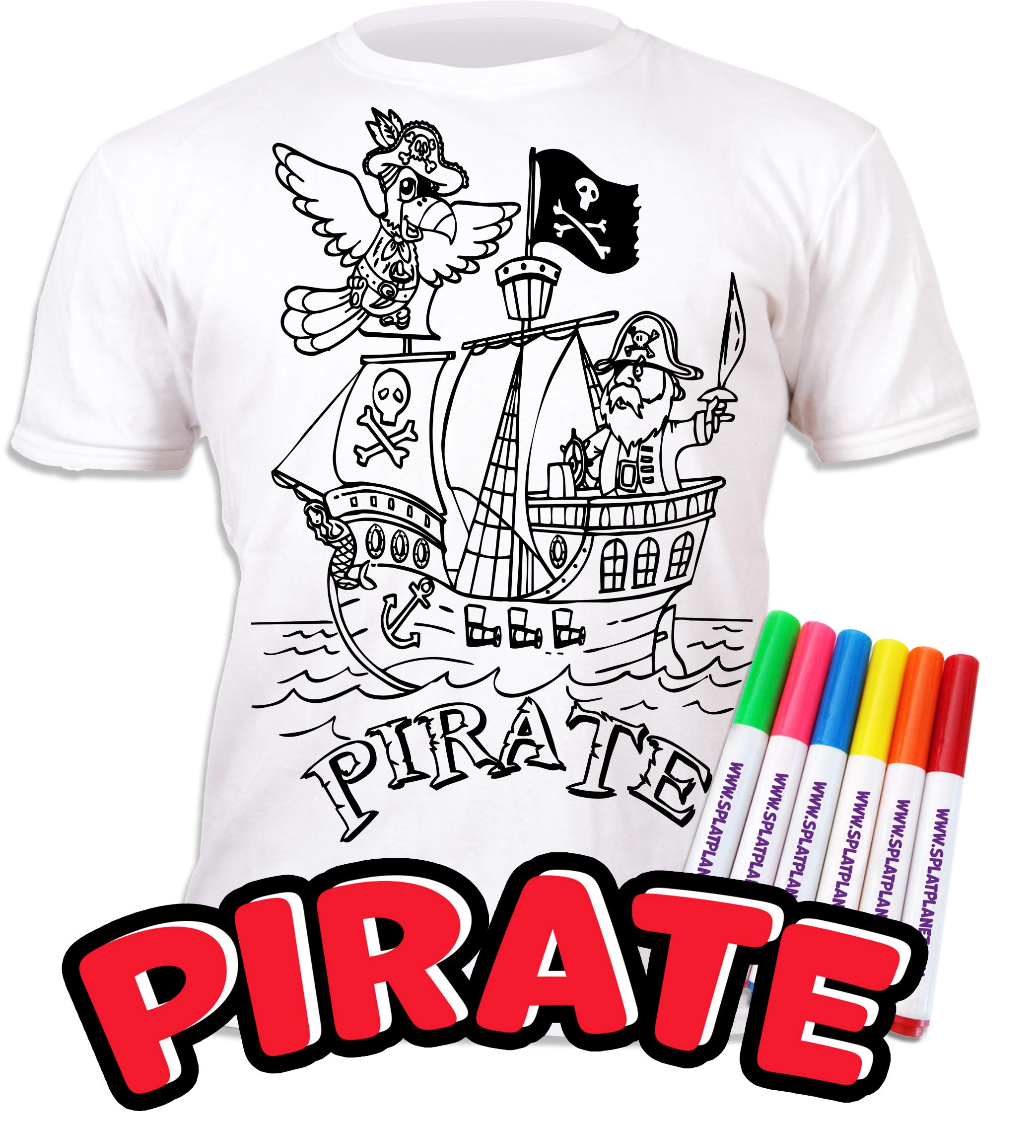 Splat Planet Colour-in Pirate Ship, Jolly Roger T-Shirt with 10 Non-Toxic Washable Magic Colouring Pens - Colour-in and Wash Out T-Shirt