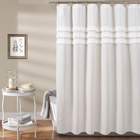 Amazon Misc テクスチャシャワーカーテン タッセルフリル 明るいホワイトフリンジフリル生地 バスタブカーテン 3dタッセル フリルデザイン フェミニンなフリル付き バスルーム布装飾 72インチ X 72インチ リネン シャワーカーテン ホーム キッチン オンライン通販