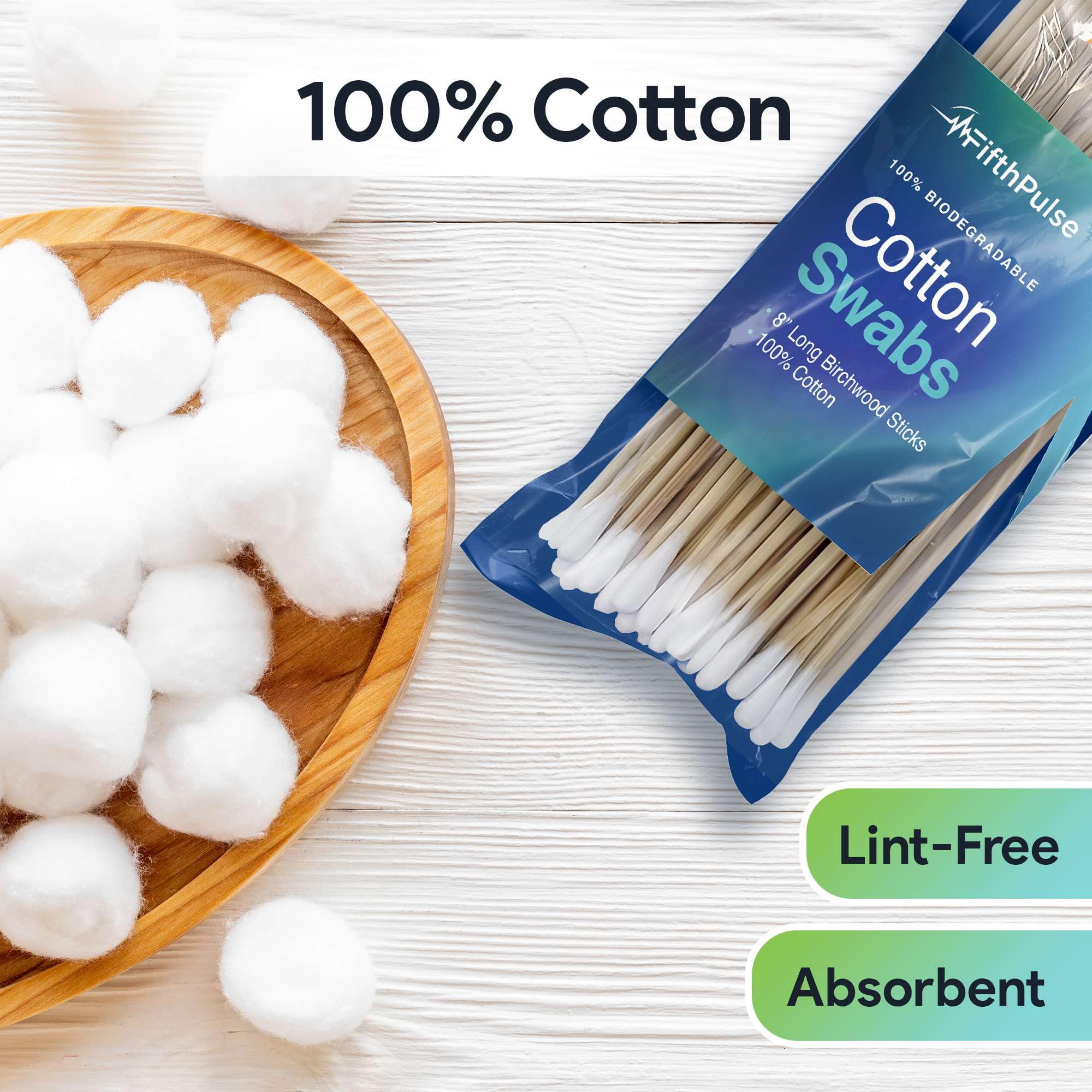 50 Biodegradable Long Cotton Swabs - 8 Inch Cotton Swabs for Ears - Long Q Tips Made From Birchwood and 100% Cotton - Lint Free