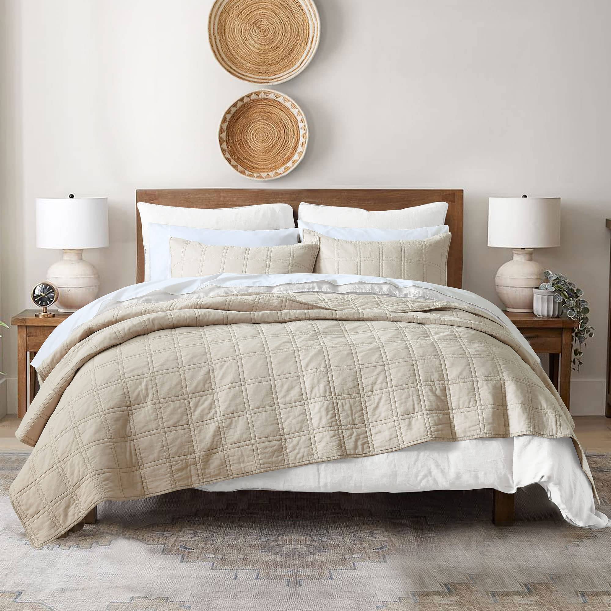 Photo 1 of HORIMOTE HOME 100% Cotton Quilt Queen Size Beige Bedspread, Pre-Washed 3-Piece Cozy Lightweight Stitching Decorative Bedding Cover Coverlet Set with 2 Shams in Geometric Pattern for All Season