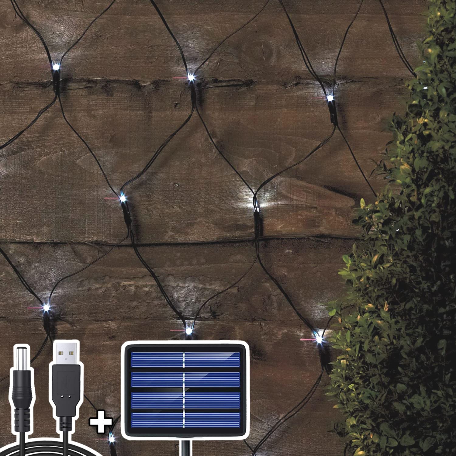 204 LED Net Lights Outdoor, 3M x 2M Mesh Fairy String Lights Solar/USB Powered Rechargeable Copper Wire Light, Weatherproof Garden Net Curtain Light, Christmas Decorative for Balcony Fence, Cold White