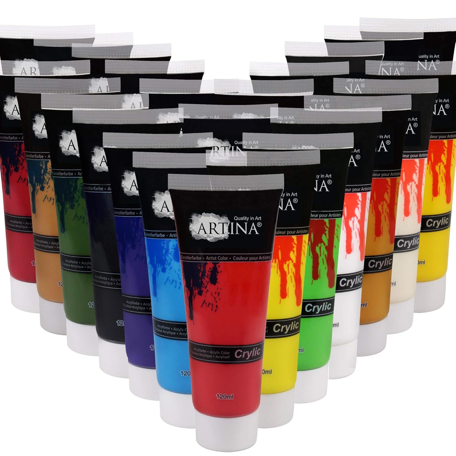 Artina Set Da 24 Colori Acrilici Assortiti Crylic 120ml Per Pittura Professionale Artisti Pittori Accademia Belle Arti