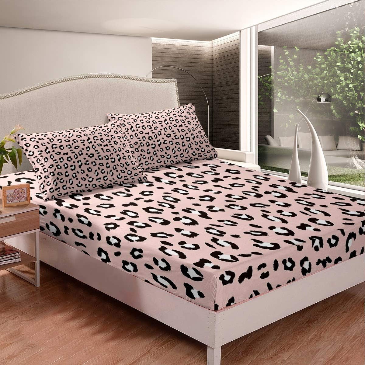 Feelyou Leopard Print Fitted Sheet Safari Cheetah Print Bedding Set Wild Animal