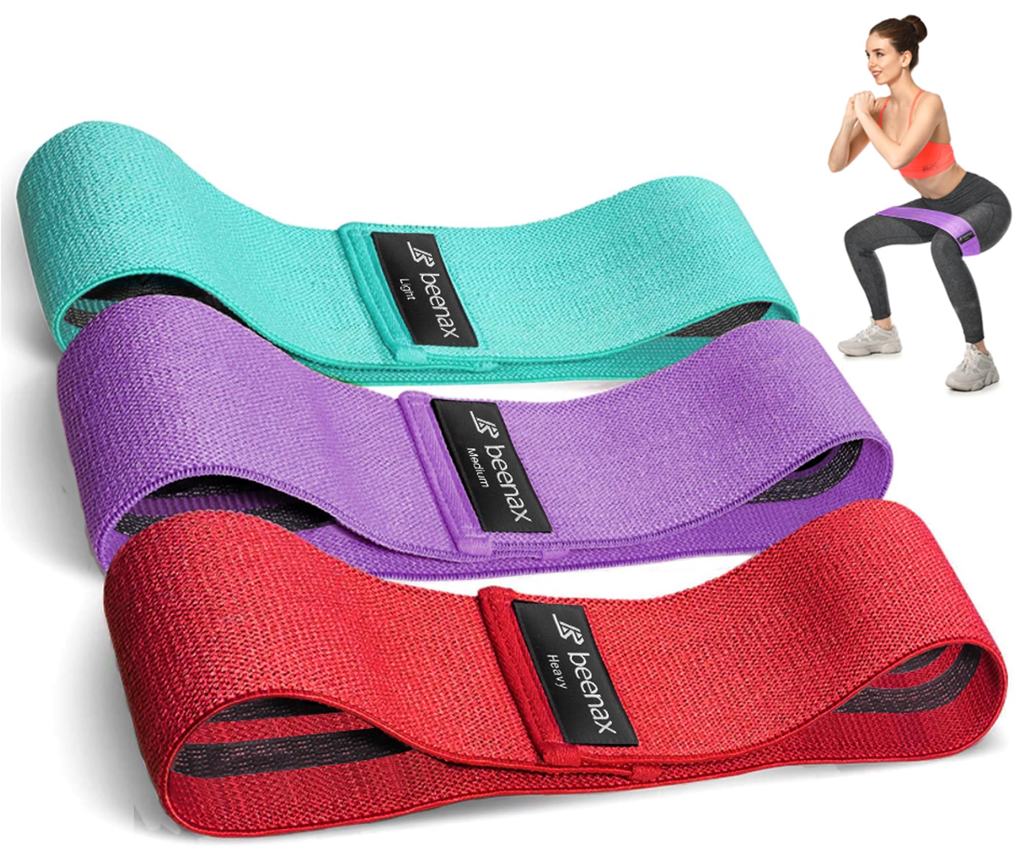 Beenax Fabric Resistance Bands Set, Non-Slip Exercise Bands for Women Men, 3 Levels Workout Loop Bands for Glutes, Hips, Booty, Legs for Home Fitness, Squat, Pilates, Yoga