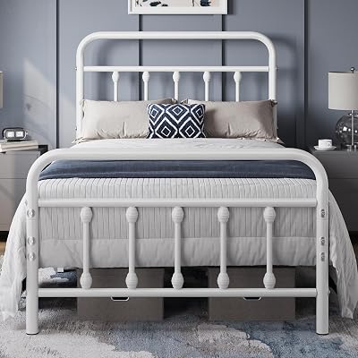 Yaheetech 3ft Single Bed Frame Vintage Iron Platform White High Headboard
