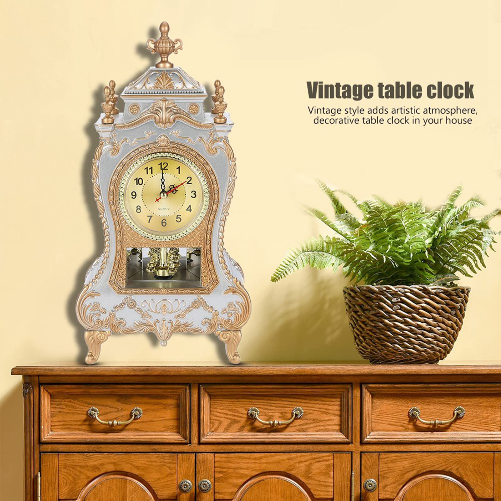 Vintage Clock, Exquisite Vintage Desk Clock Antique Home Hotel Decorative Table Clock with 12 Songs (White)