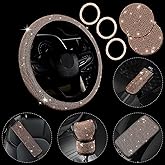 JINGSEN 11 Pcs Bling Car Accessories Set,Bling Car Accessories Set for Women,Steering Wheel Cover for Women Universal Fit 15 Inch,Rhinestone Center Console Cover(Champagne)