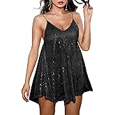 Wenrine Women's Sequin Dress Sexy V Neck Spaghetti Strap Backless Mini Dresses Club Party Dresses