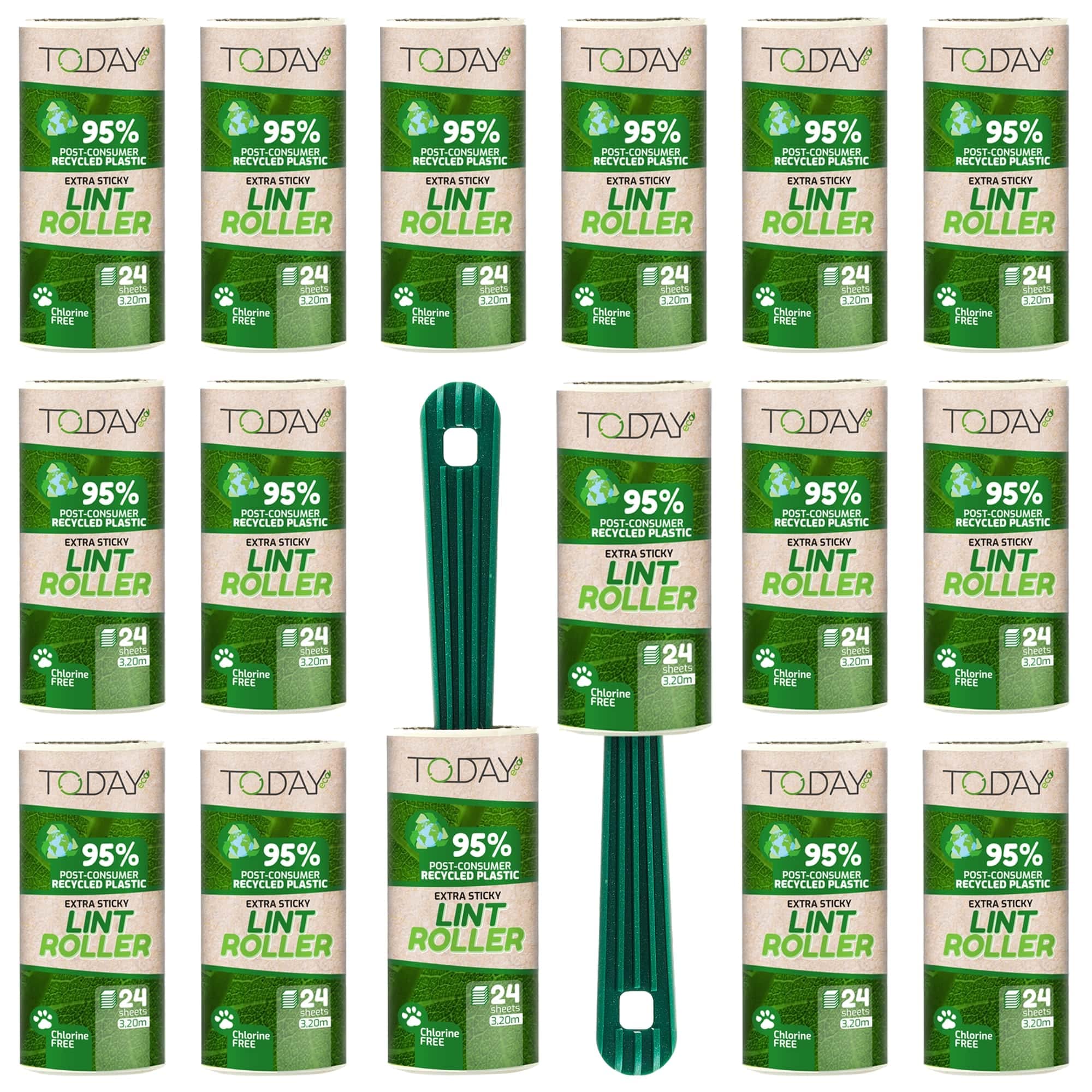Today - Lint Rollers 95% recycled 16 rolls (24 sheets) + 2 handles in post-consume plastic. Lint remover for cat and dog hair, Extra sticky pet hair remover