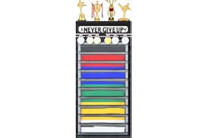 TL TONLOK 3 in 1 Karate and 10 Belts Taekwondo Belt Display Rack with Medal Hanger, Trophy/Photo Rack, and Felt Dustproof Design. (Never GIVE UP, 10 Belts)