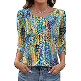LOMON 3/4 Length Sleeve Womens Tops Casual Crewneck Spring Summer Pleated Tunic Tops Beach Vacation T Shirts