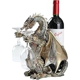 HEINBOW 11.6'' H Steampunk Dragon Wine Bottle Glasses Holder Rack Statue | resin gothic decor metallic look high table top displays barware stands medieval fantasy sculpture presents gifts for men