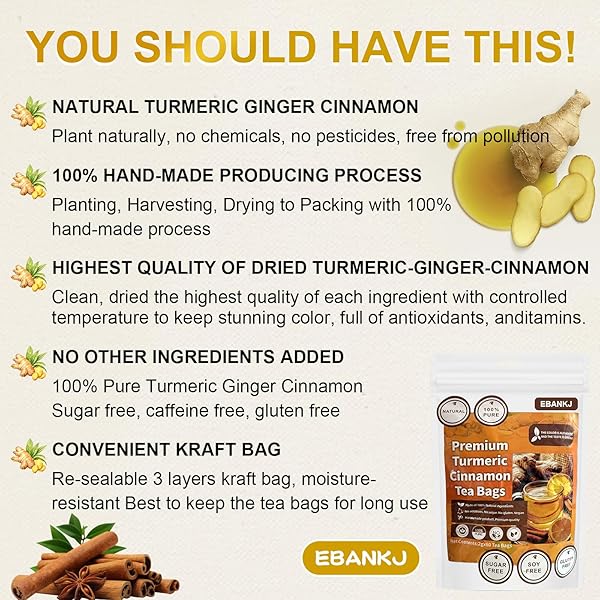 EBANKJ TURMERIC AND CINNAMON TEA BAGS – 60 HERBAL TEA BAGS – CAFFEINE-FREE, SUGAR-FREE, NATURALLY RELIEVES STRESS AND BOOSTS IMMUNITY – HANDCRAFTED HEALTH TEA